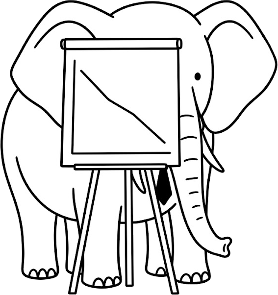 An elephant in a necktie standing behind a flip chart that shows a line going down.