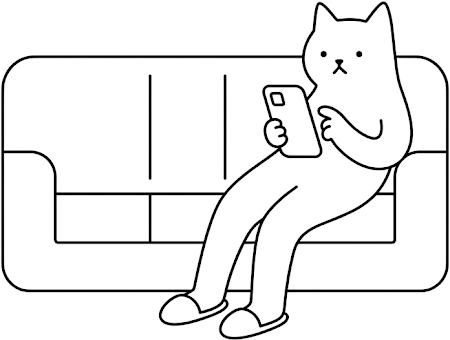 A cat sitting back on a couch, phone in paw, deciding.