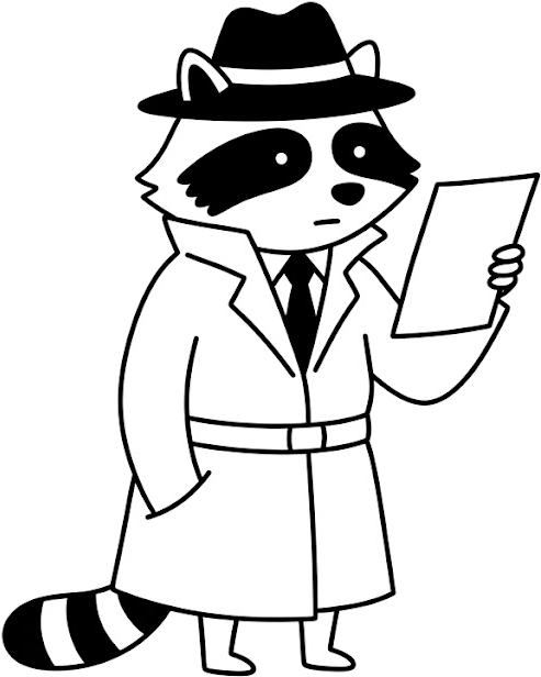 A raccoon in a trench coat and fedora reading a sheet of paper.